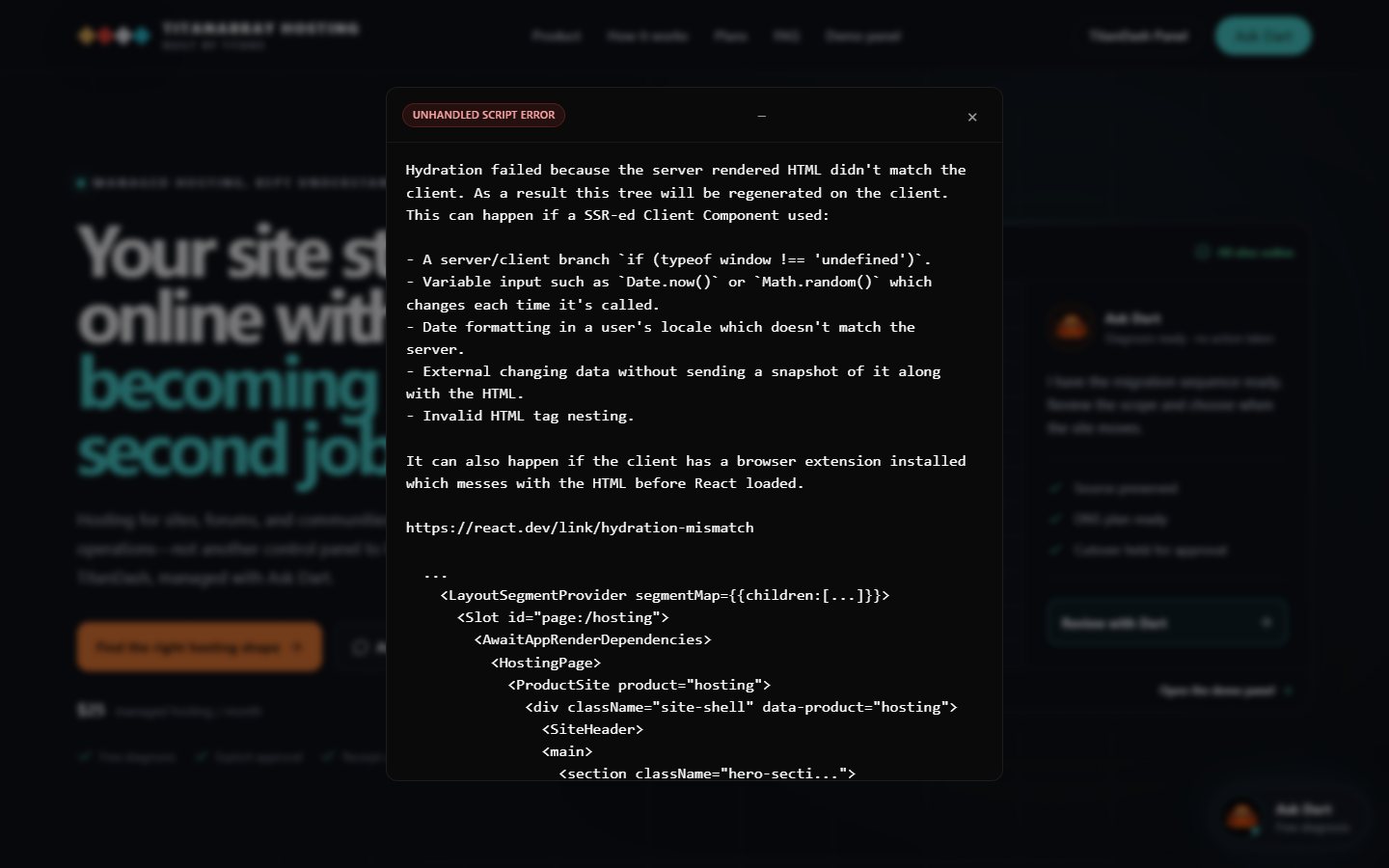 The live TitanArray Hosting page